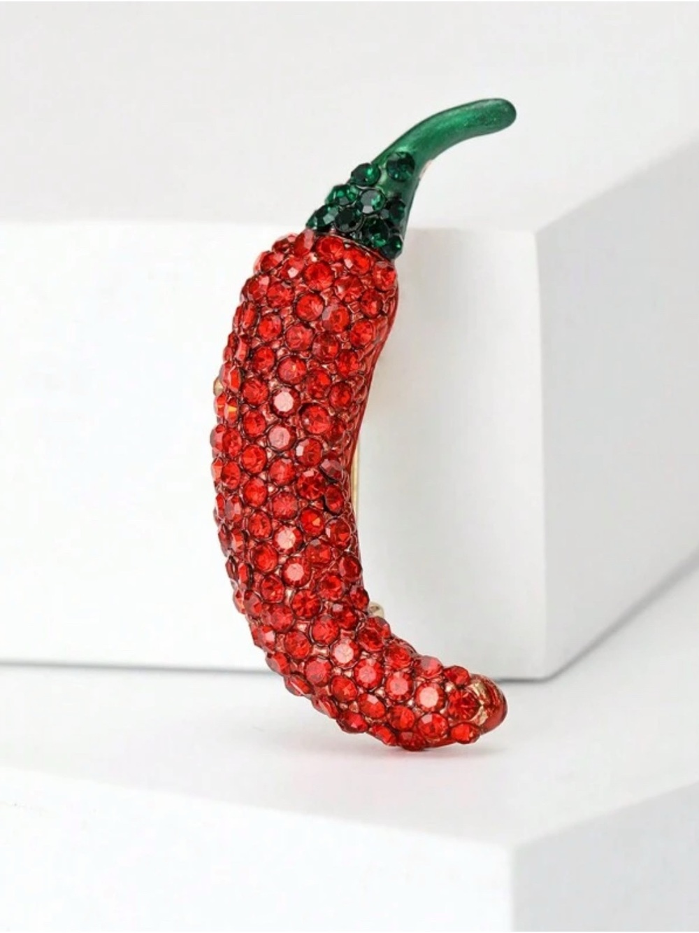 Crystal Red Chili Pepper Brooch - Green Accent